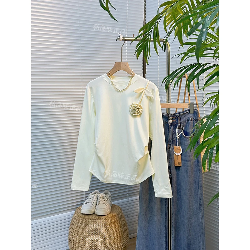SPW私品味 2025秋季新款高级感琉璃白立体花朵长袖T恤女  SS90209