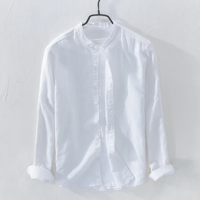 小清新立领棉麻衬衫男士休闲简约百搭长袖宽松薄款透气亚麻衬衣