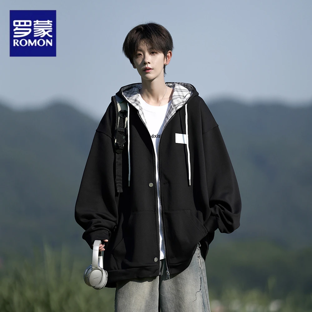 Romon/罗蒙连帽卫衣夹克外套男宽松潮流春秋款痞帅运动长袖上衣