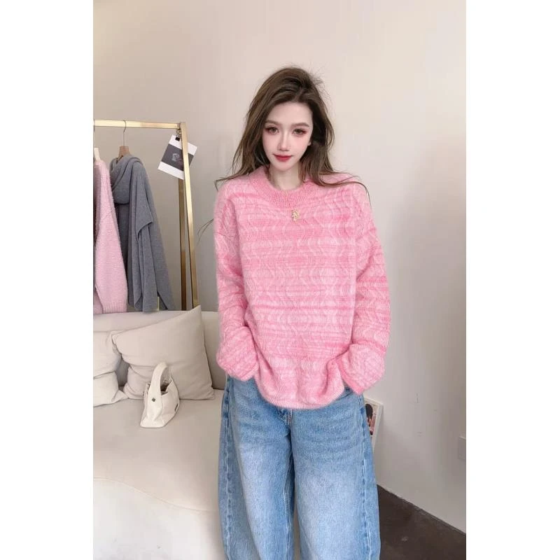 【俩月羊绒】拉绒工艺254282-100山羊绒慵懒时尚扎染圆领针织套头衫