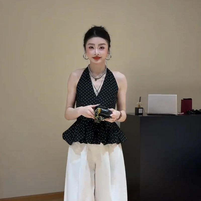 韩系波点挂脖V领吊带小背心夏季新款设计感蓬蓬花苞下摆显瘦上衣