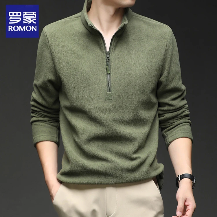 Romon/罗蒙秋冬纯色抓绒衣不缩水半拉链免烫奥粒绒卫衣立领男士