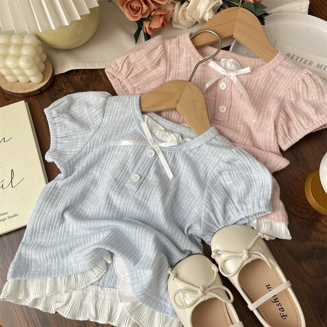 2025夏季女童蝴蝶结撞色花边短袖坑条t恤蓝色宝宝半袖上衣儿童女