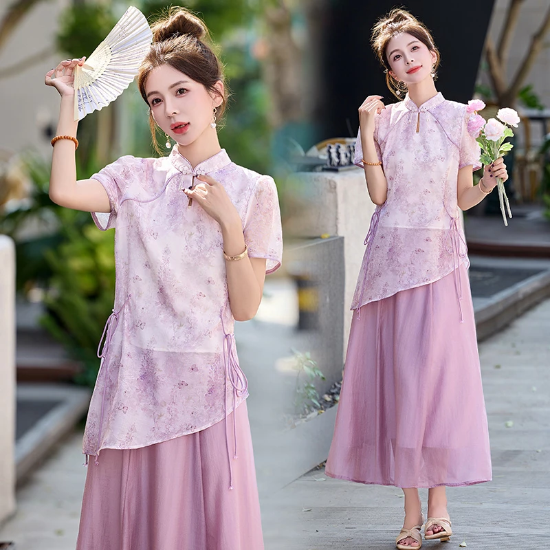 新中式国风印花套装裙女2025夏季复古盘扣不规则上衣半身裙两件套