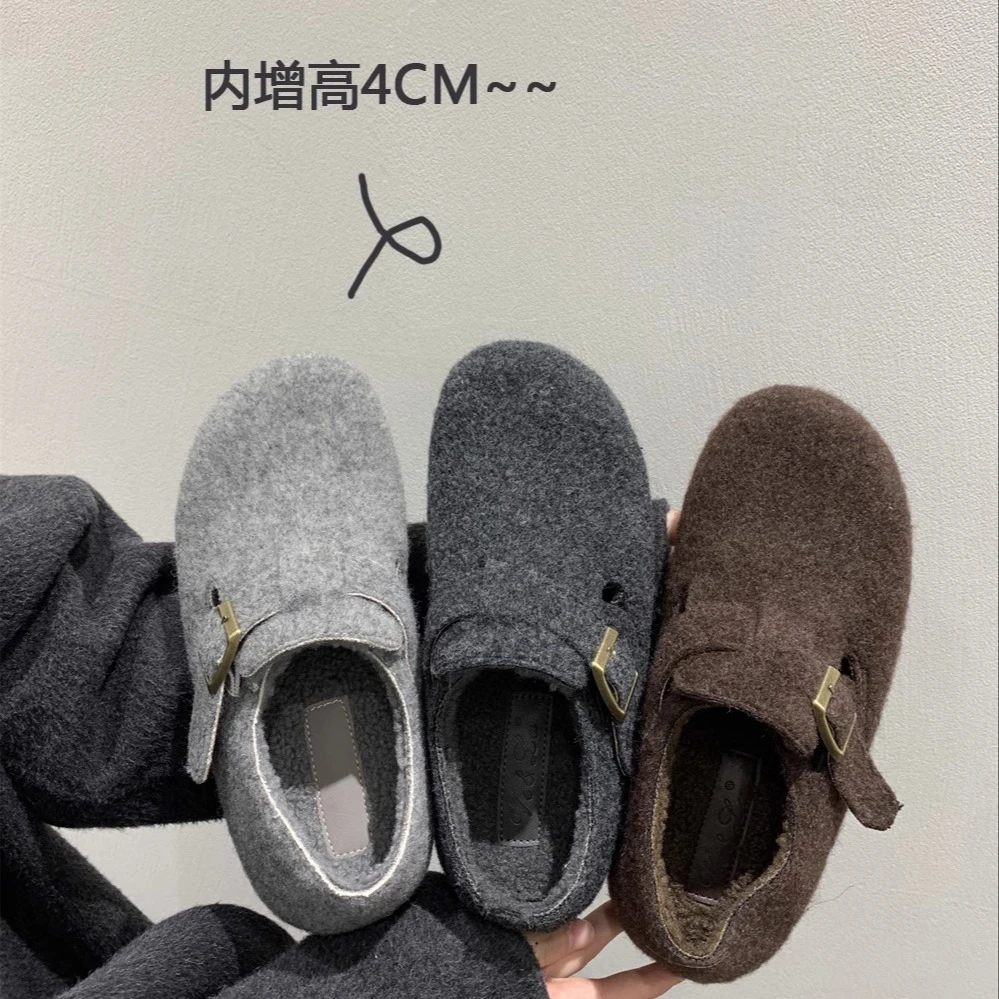 毛呢料秋夏保暖加绒勃肯鞋高级感毛毛鞋女鞋软底内增高单鞋乐福