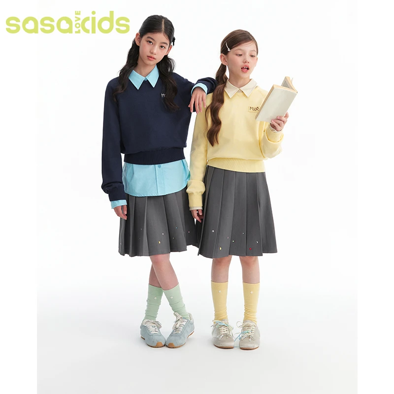 sasakids活力小鸡黄气质藏青双色显瘦收腰绣花标保暖套头毛衣女童