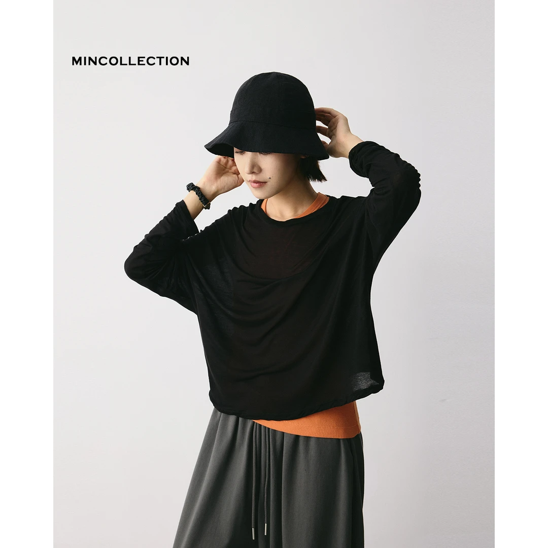 DE MincollectionMin 蝙蝠罩衫/裸肌感垂坠微透叠穿面膜T恤55025