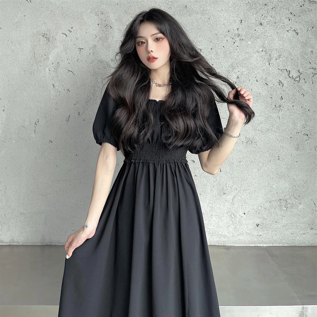 方领泡泡袖2024年新款夏季中长裙收腰显瘦显高气质法式连衣裙女潮