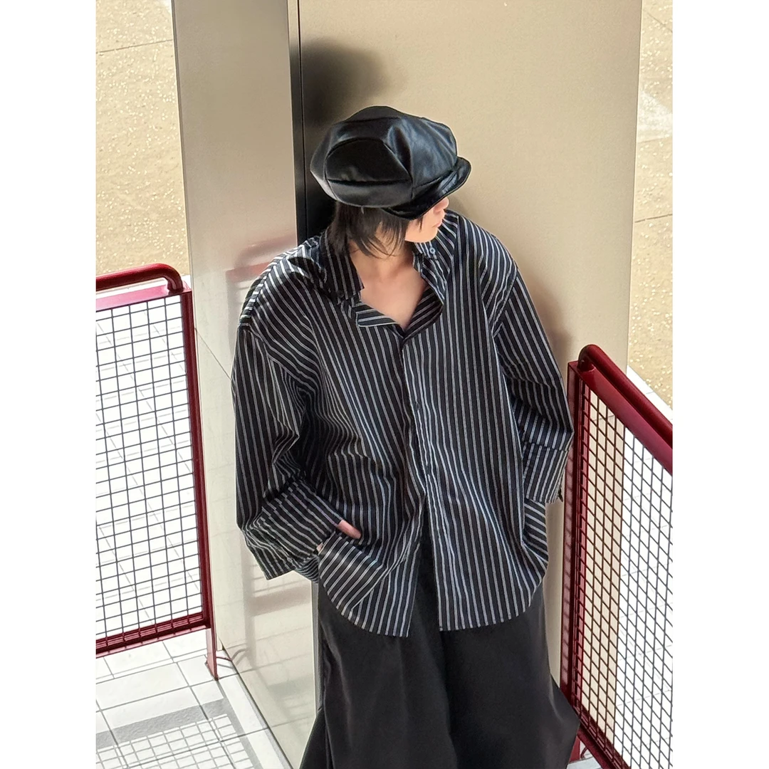 夏装街头中性风时尚黑灰调阔版纸片人衬衣廓形慵懒条纹长袖衬衫