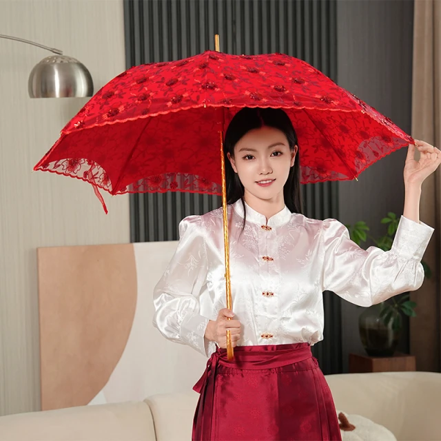 高级红伞结婚新娘陪嫁接亲婚庆出门婚礼古风蕾丝长柄中式红色雨伞