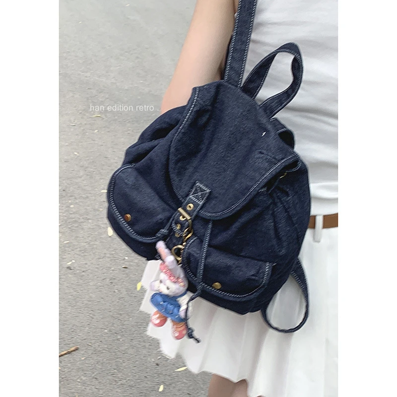 休闲牛仔布双肩包包女2025新款休闲水桶包百搭休闲大容量旅行包