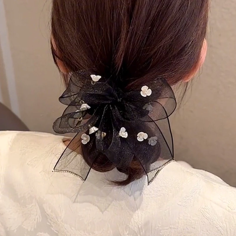 韩版！欧根纱蝴蝶结发圈头绳女高级感2025新款丸子头盘发绑头发头