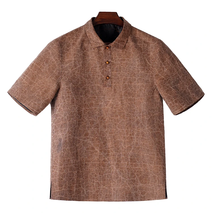99390 男士短袖衬衫 桑蚕丝龟裂纹香云纱男装新中式夏季休闲衬衣