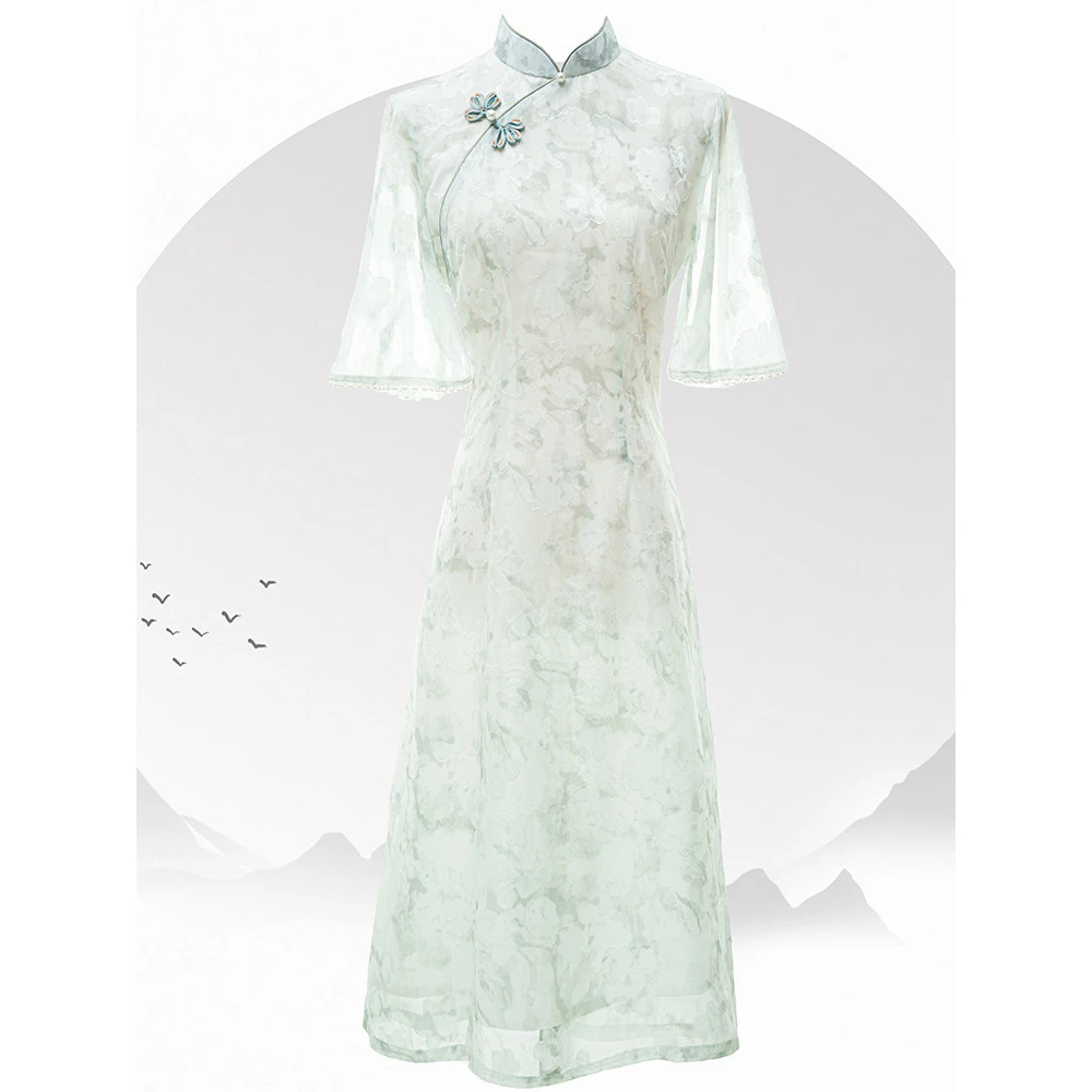 【相约达汇】清新绿色文艺复古短款改良旗袍连衣裙涤纶宽松袖小个子