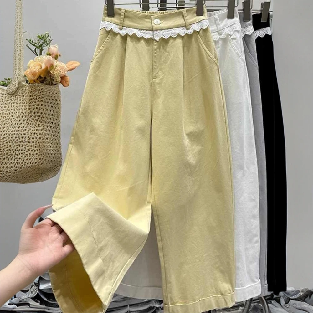松紧高腰蕾丝花边阔腿裤女春季2025新款宽松显瘦直筒裤休闲裤子