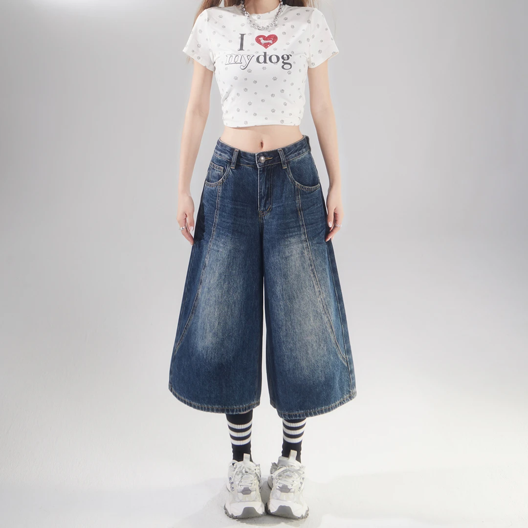 复古水洗蓝灰阔腿七分牛仔裤女2025夏季薄款美式高腰宽松直筒中裤