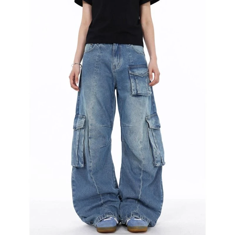 美式街头水洗褶皱多口袋弯刀牛仔裤宽松直筒做旧阔腿裤男女休闲裤