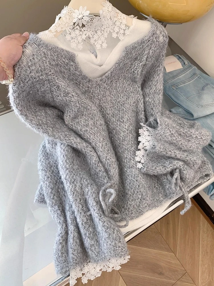 法式慵懒风穿搭两件套女秋冬温柔风软糯V领喇叭袖毛衣蕾丝打底衫