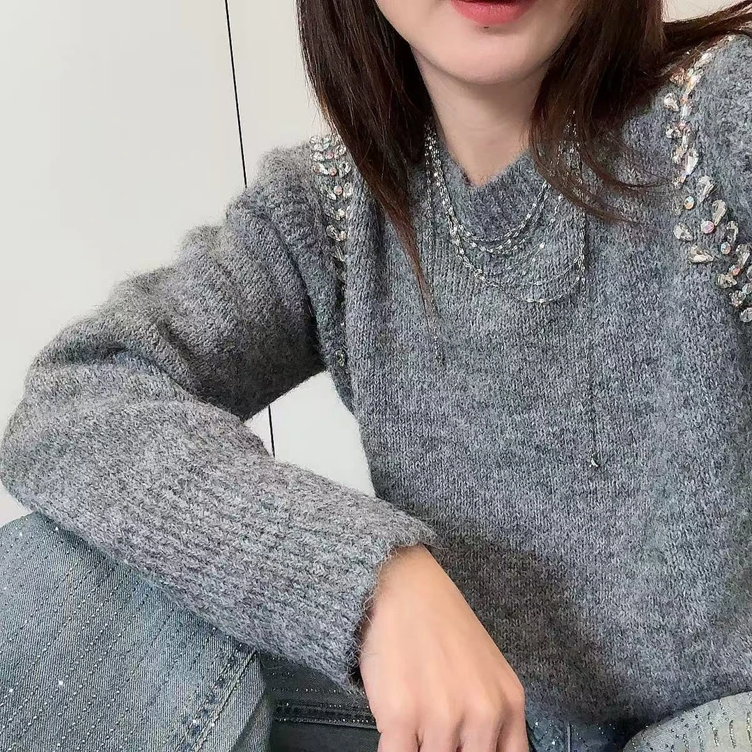 重工镶钻针织衫女装2025秋冬新款高级感纯色圆领软糯毛衣长袖上衣