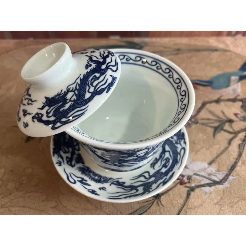 双龙悬停三才盖碗3222手工陶瓷青花