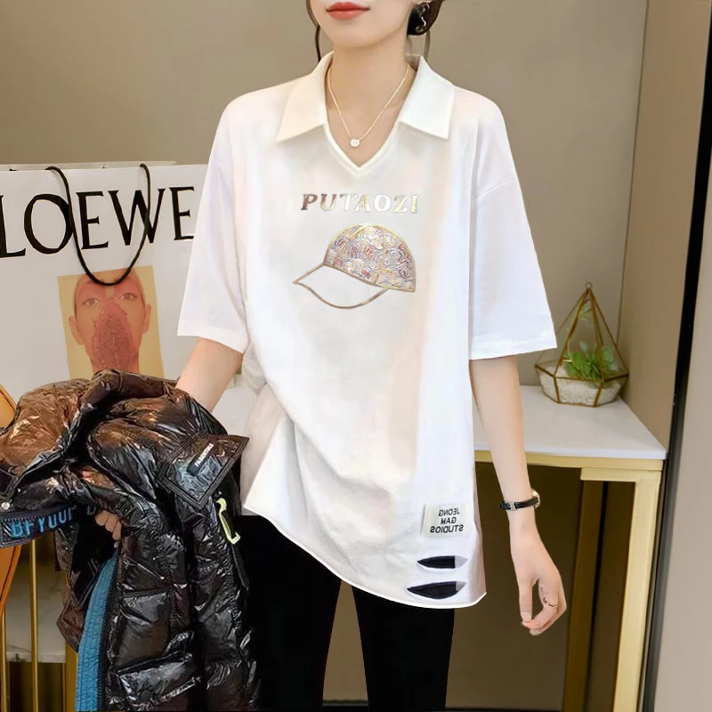 夏季POLO翻领短袖打底衫中长款遮屁服破洞T恤宽松大版短袖t恤女