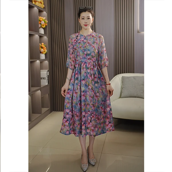 【沐月】夏季新款时尚百搭休闲简约显瘦减龄气质大码洋气高档连衣裙