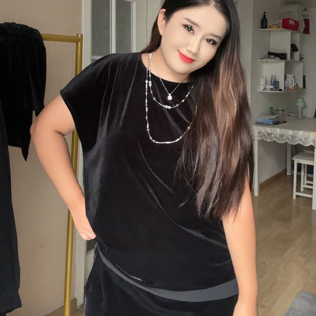 无袖极简风T恤纯色黑色宽松女士圆领时尚短袖常规