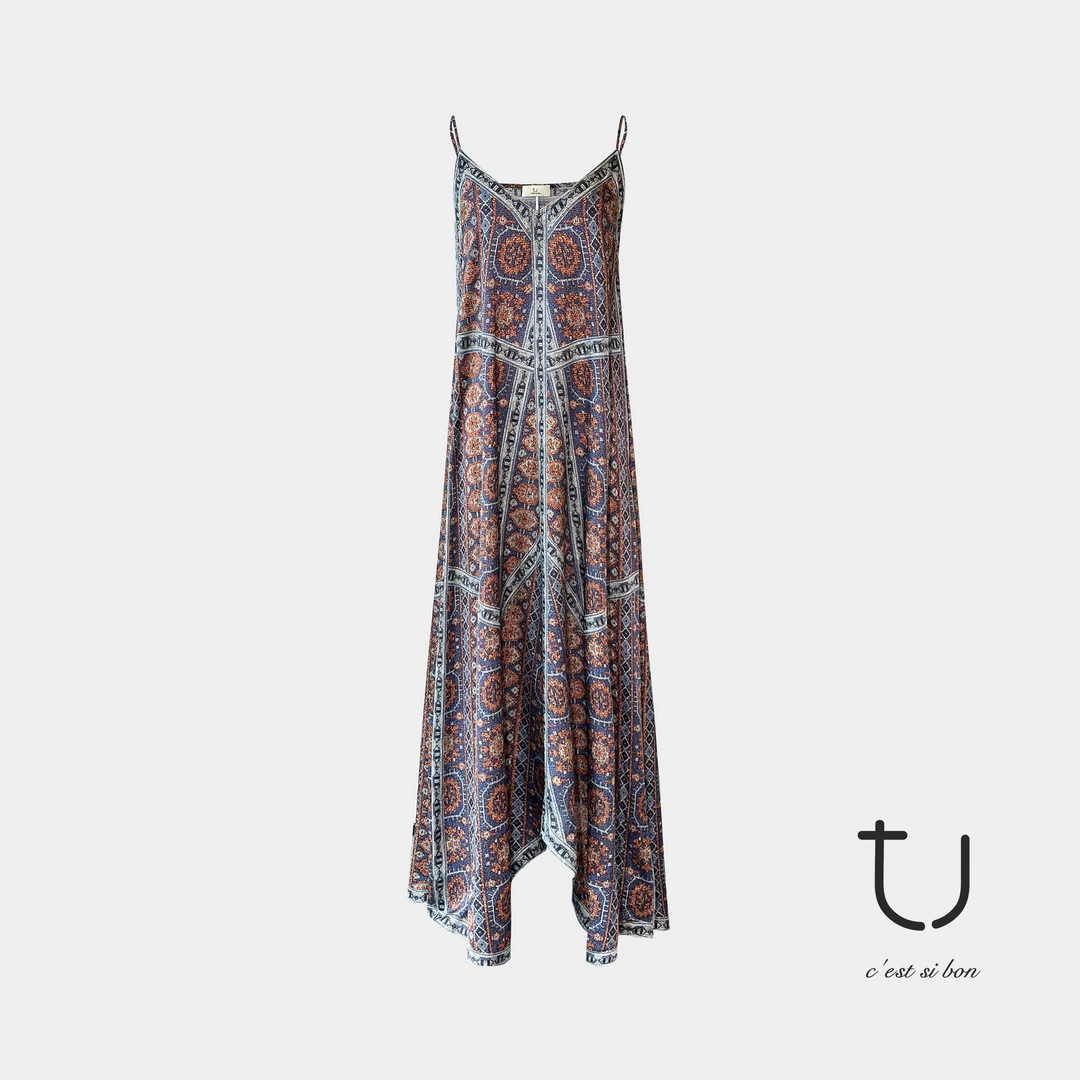 TU女装 丝路漫彩 真丝无袖吊带百搭老钱风女装秋季桑蚕丝度假长裙