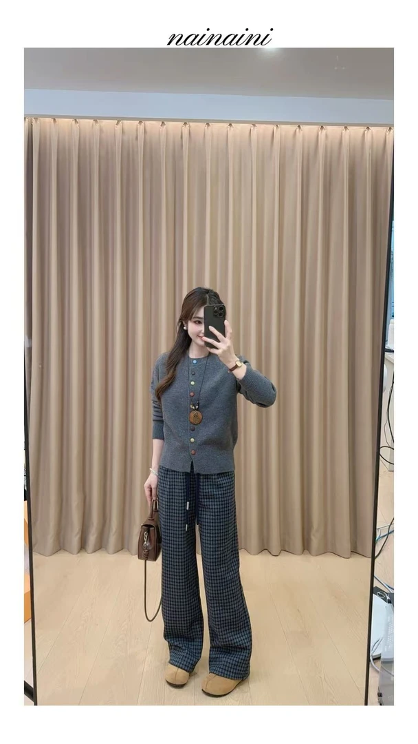 奈奈妮【长腿搭子】直筒休闲裤女2025秋季新款复古格子时尚百搭2929