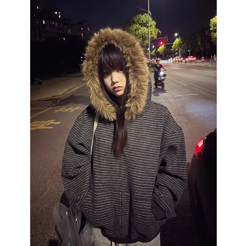 美式重磅黑色条纹毛领连帽卫衣男女秋季慵懒风高级感情侣开衫外套