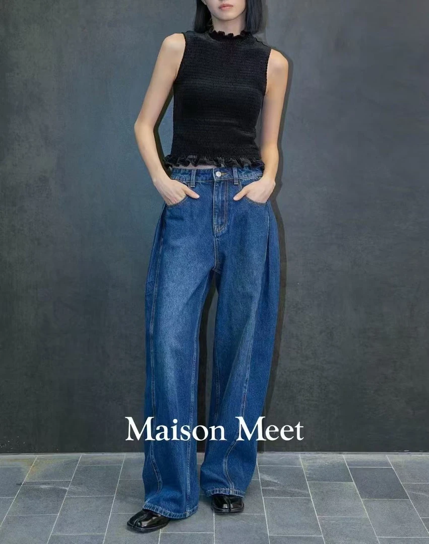 【Maison Meet】复古时尚蓝色显瘦直筒高腰宽松水洗牛仔裤V1755