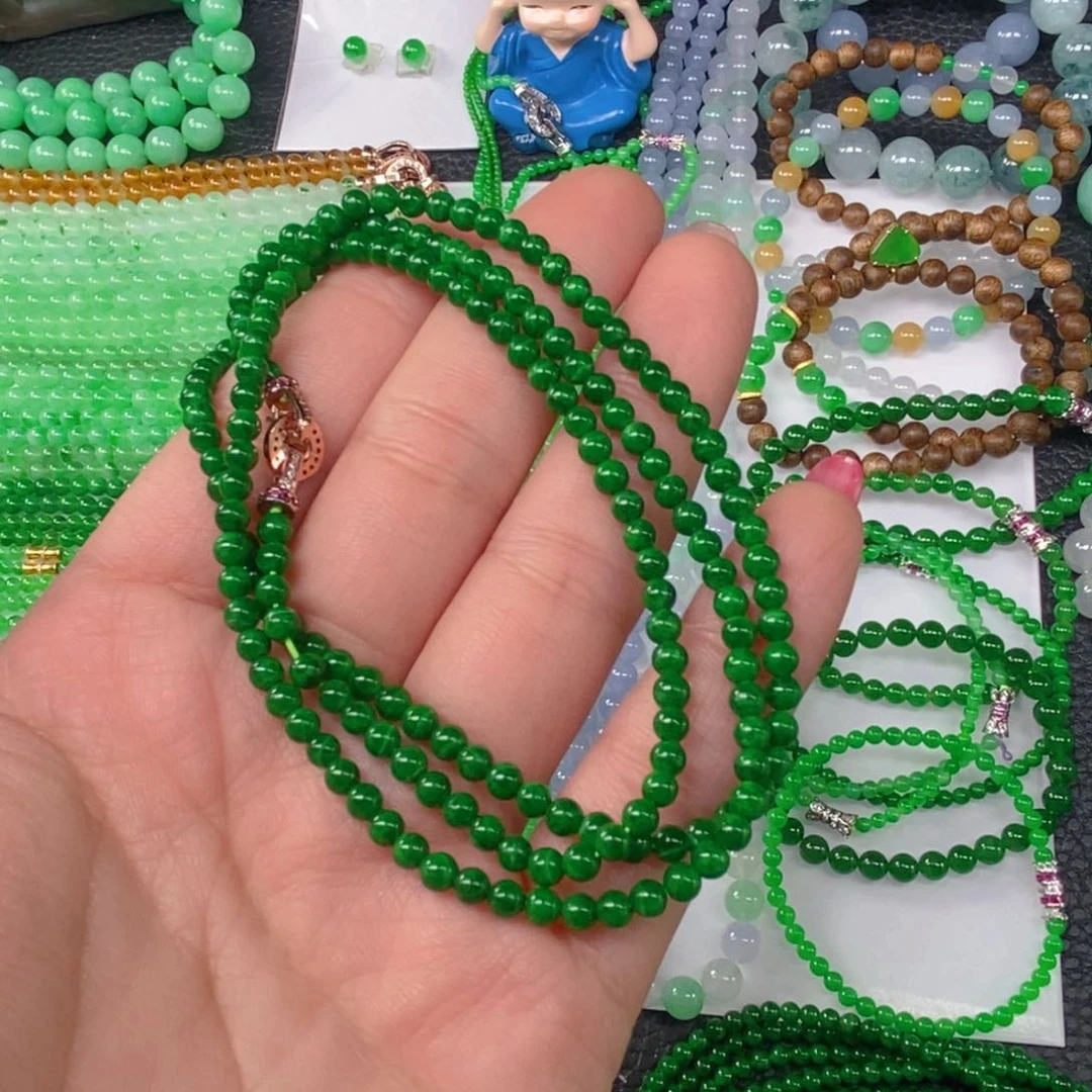 颈饰未镶嵌翡翠缅甸天然翡翠辣绿小米珠项链3.8