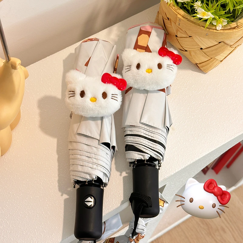 kt猫雨伞女晴雨两用学生全自动折叠可爱太阳伞高颜值定制毛绒伞带