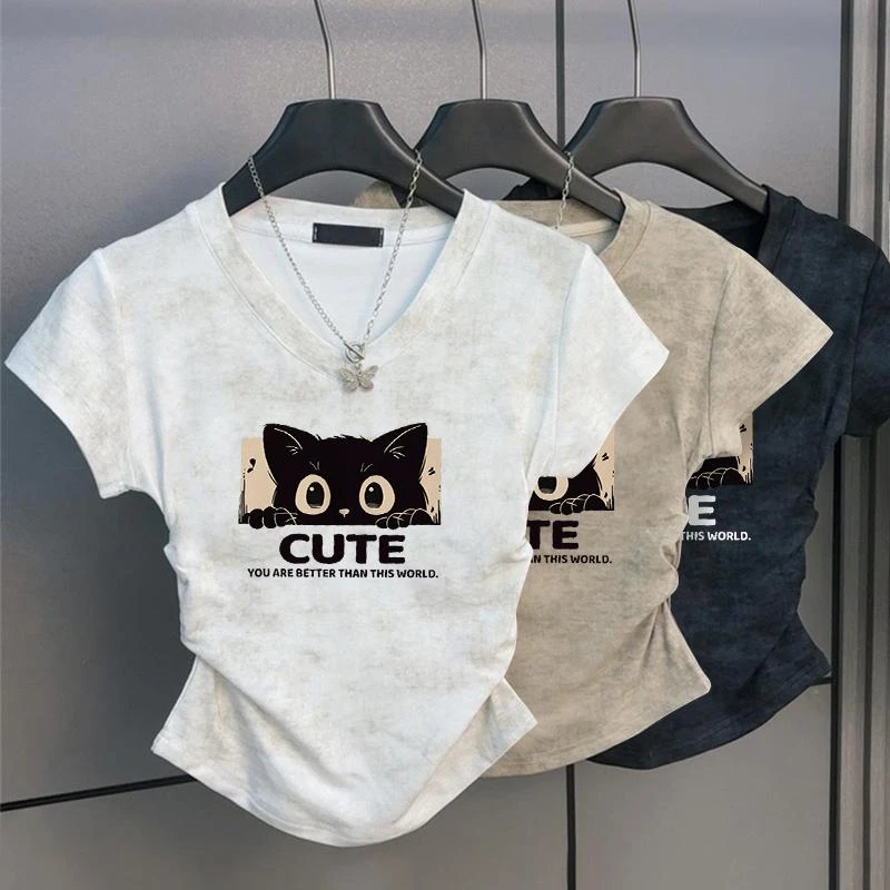 大码甜辣风修身显瘦短袖T恤女夏季新款独特别致v领印花短款上衣