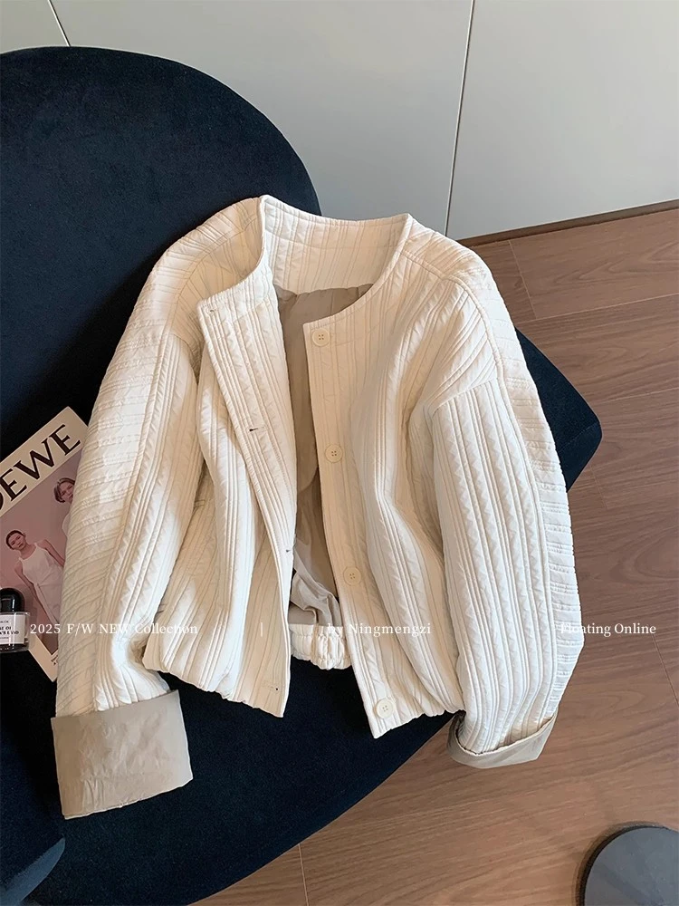 白色坑条肌理感棉服外套女2025年秋冬新款洋气时髦休闲百搭上衣