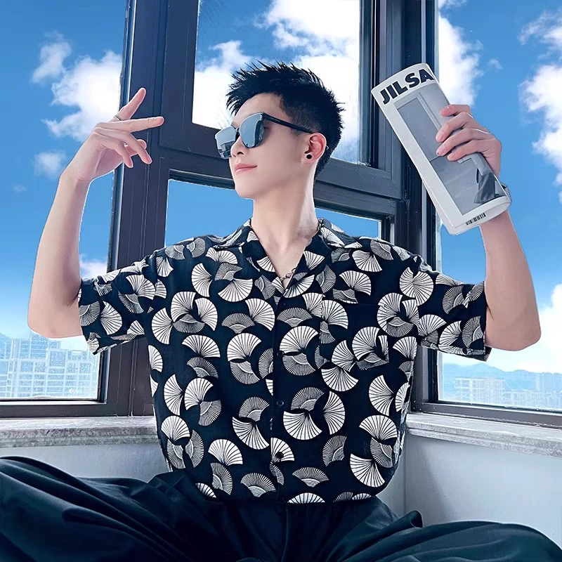 优桓冰丝垂感花衬衫男士短袖潮牌宽松休闲寸衫夏季高级感短袖衬衣