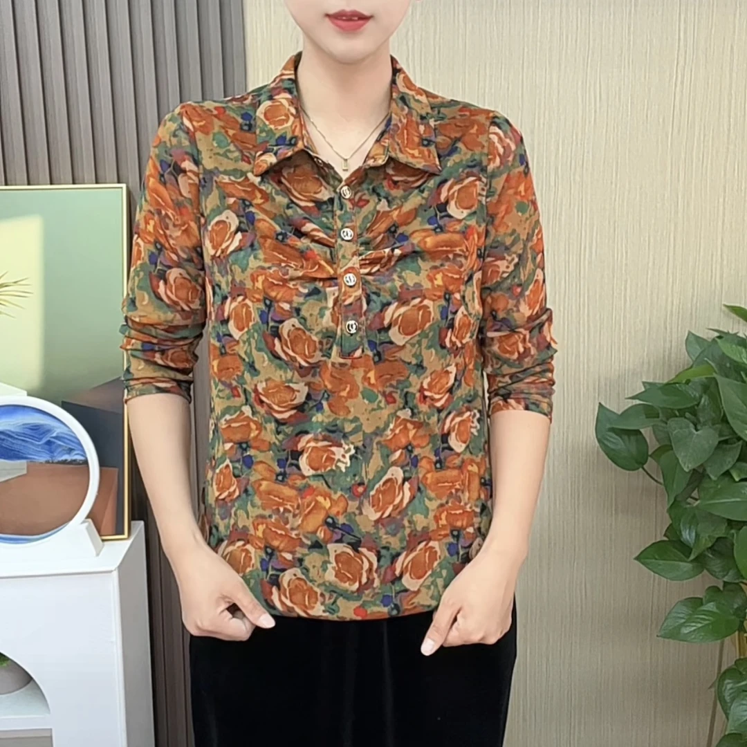 2025夏季新款方领印花衬衫领妈妈装遮肚显瘦百搭修身纽扣网纱小衫