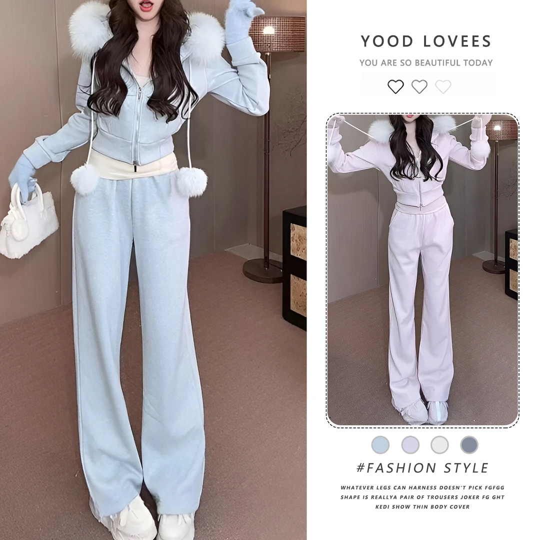 韩系温柔风2025秋冬新款慵懒休闲毛领连帽外套女直筒阔腿裤两件套