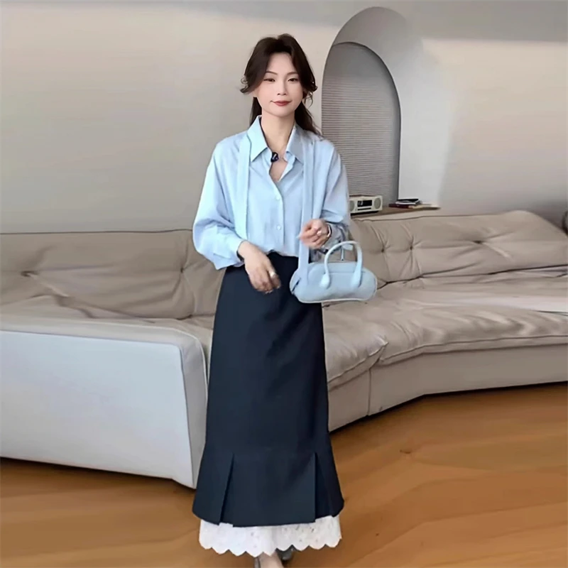 2025春季新款韩系设计感绑带纯色衬衫半身裙套装女温柔小众两件套