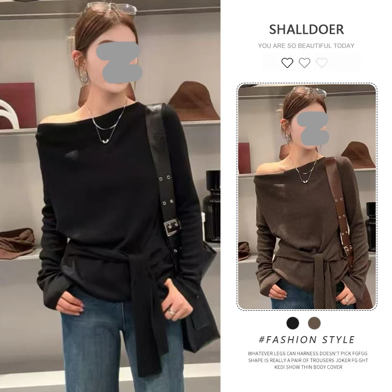 法式气质露肩针织衫长袖t恤女2025年春秋新款收腰显瘦打底衫上衣