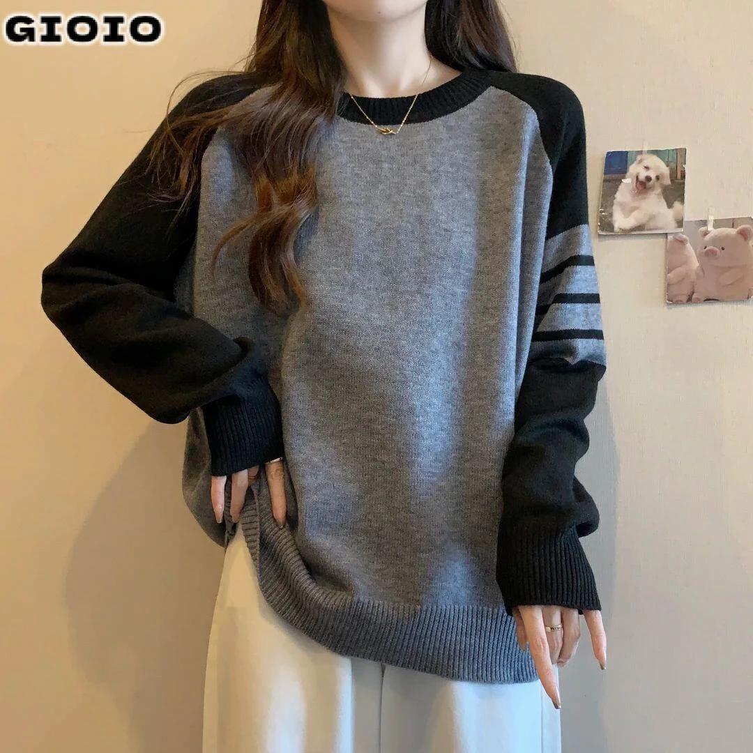 GIOIO大码女装遮肚子拼色插肩长袖打底衫女春秋胖妹妹显瘦针织別