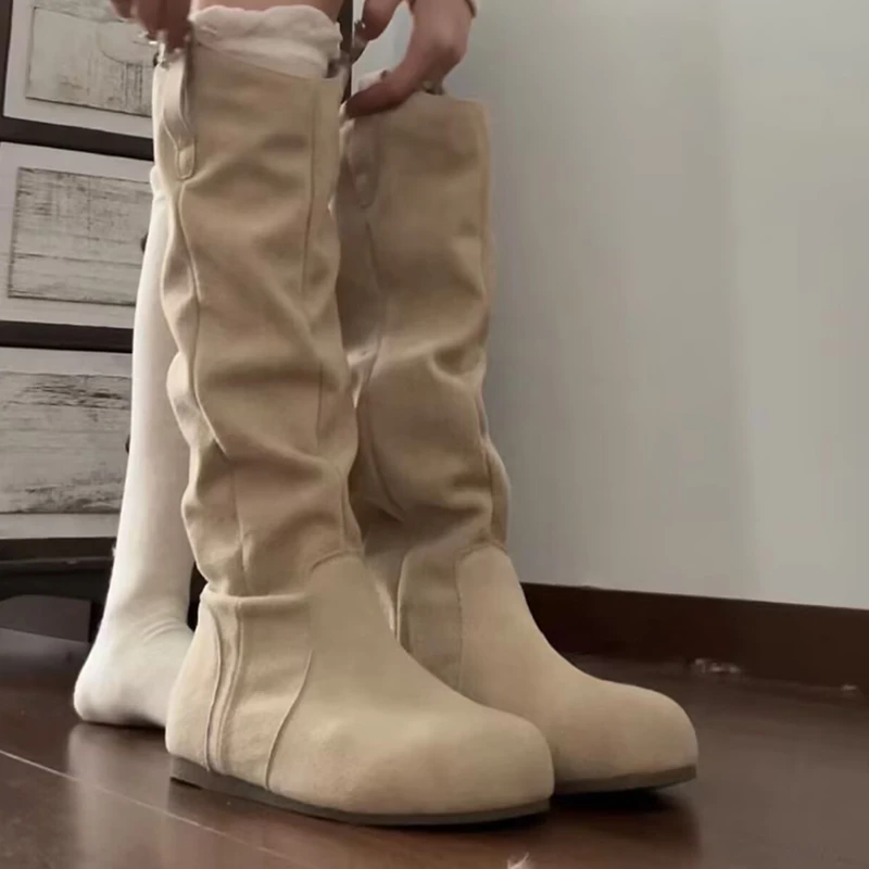OJRZ中性复古风褶皱长筒靴女2025秋冬新款时尚小个子堆堆时装靴女