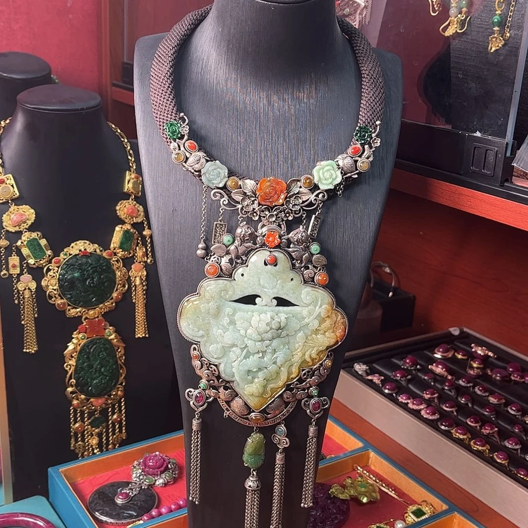 翡翠银S925镶嵌套链翡翠多宝项链套装