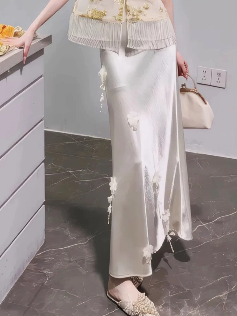 新中式夏季国风醋酸缎面立体装饰半身裙女高级感轻奢显瘦鱼尾长裙