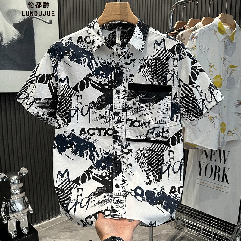 男生夏季衬衣薄款男士印花拼色宽松型短袖夏季衬衫上衣夏装个性潮