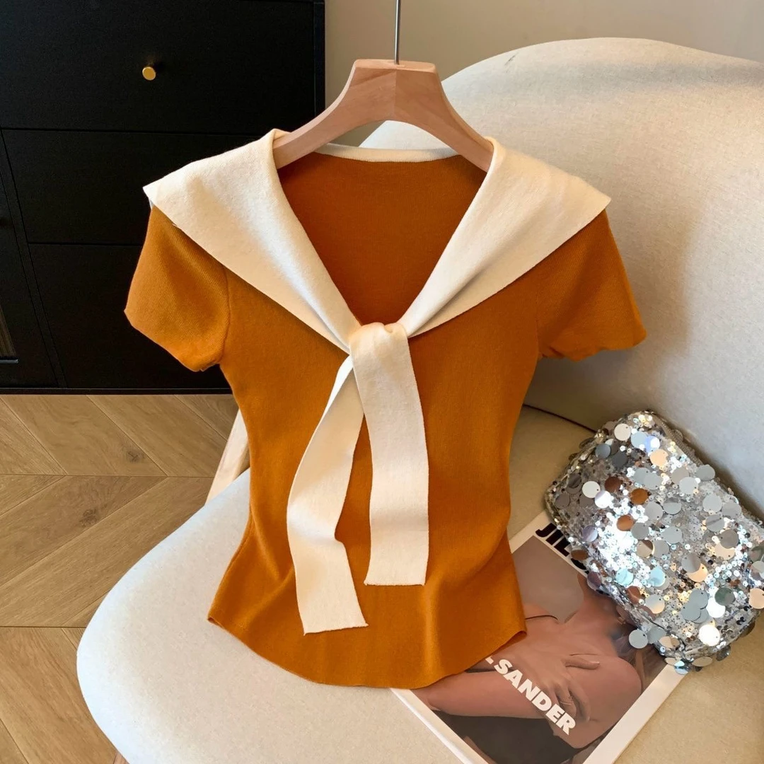 海军领冰丝针织短袖T恤女夏季薄款修身漂亮小衫新款好看短款上衣