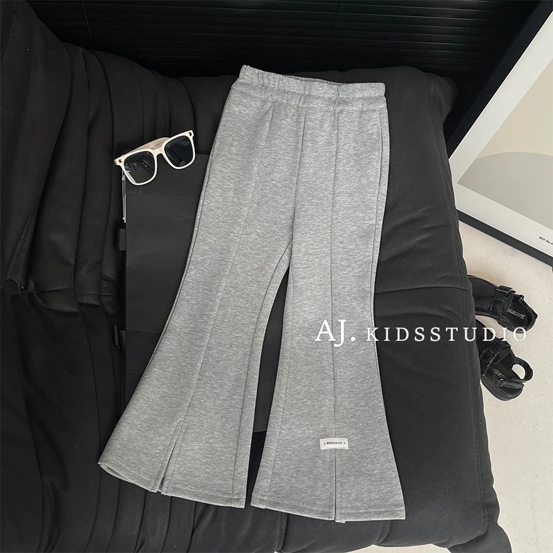 【现货】阿卷2025春秋装儿童韩版简约贴标前开叉休闲喇叭裤MPG5594