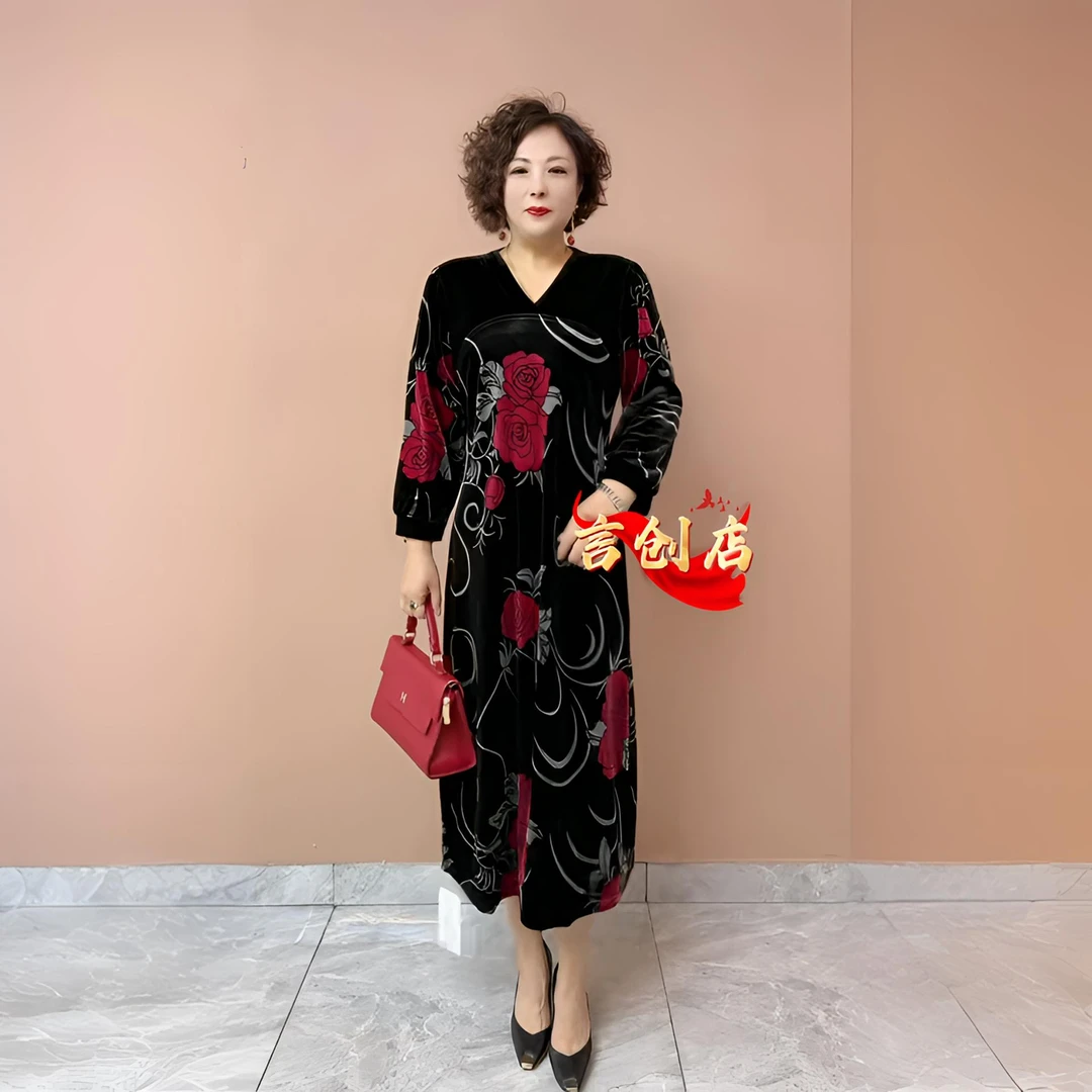2558秋季妈妈装丝绒连衣裙复古国风遮肚显瘦宽松高端过膝长款裙80