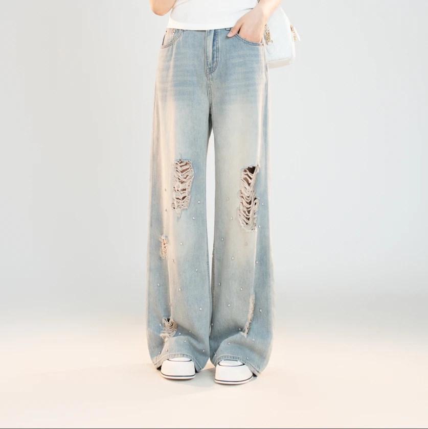 宿慕SUMU夏季重工钻牛仔裤2025新款5-6百搭破洞阔腿长裤35667