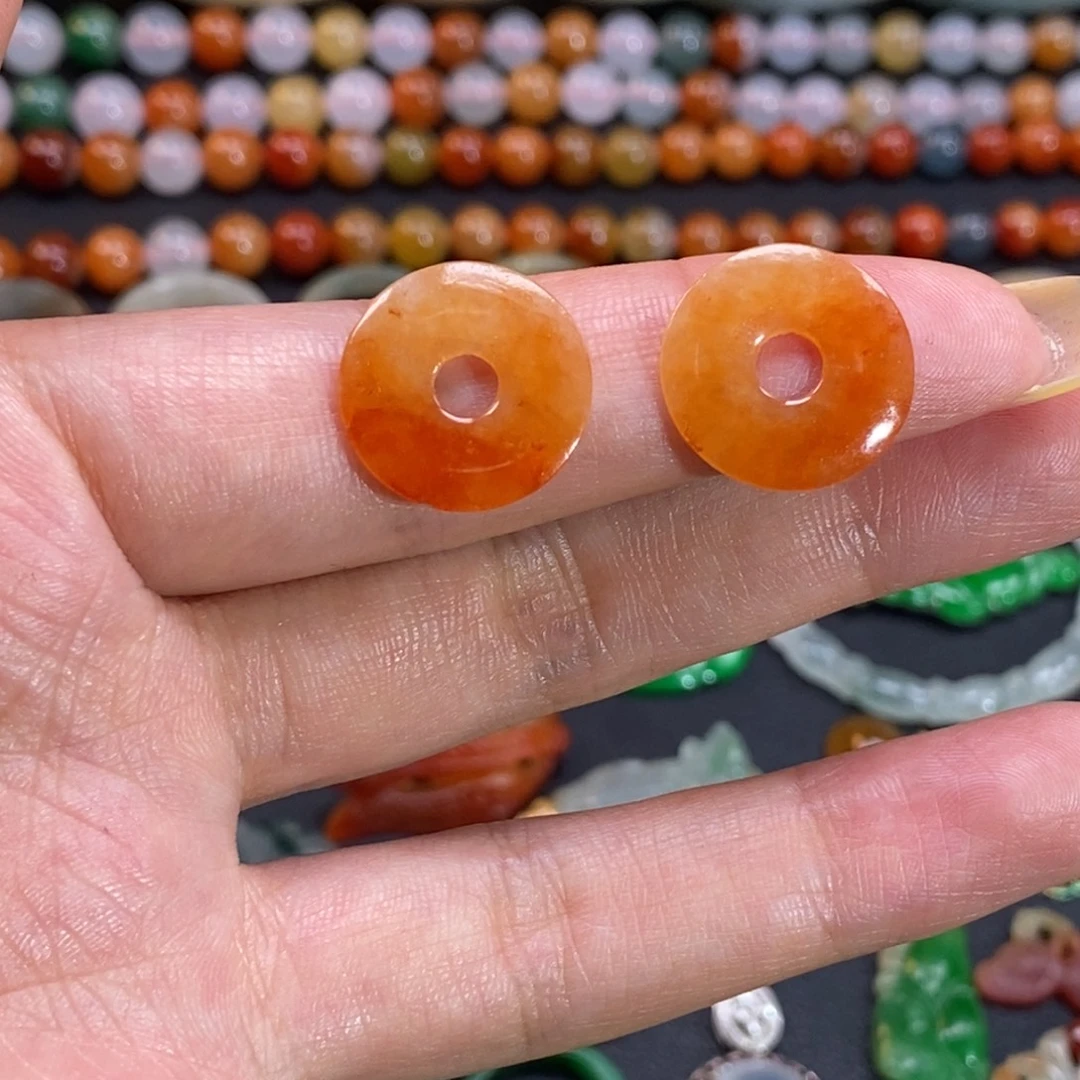 翡翠散珠冰红平安扣耳片翡翠